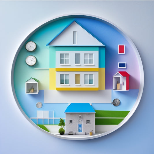 A minimalist illustration of a house with various rooms highlighted in different colors, each with a clock or calendar icon, surrounded by scattered blueprints and renovation tools.