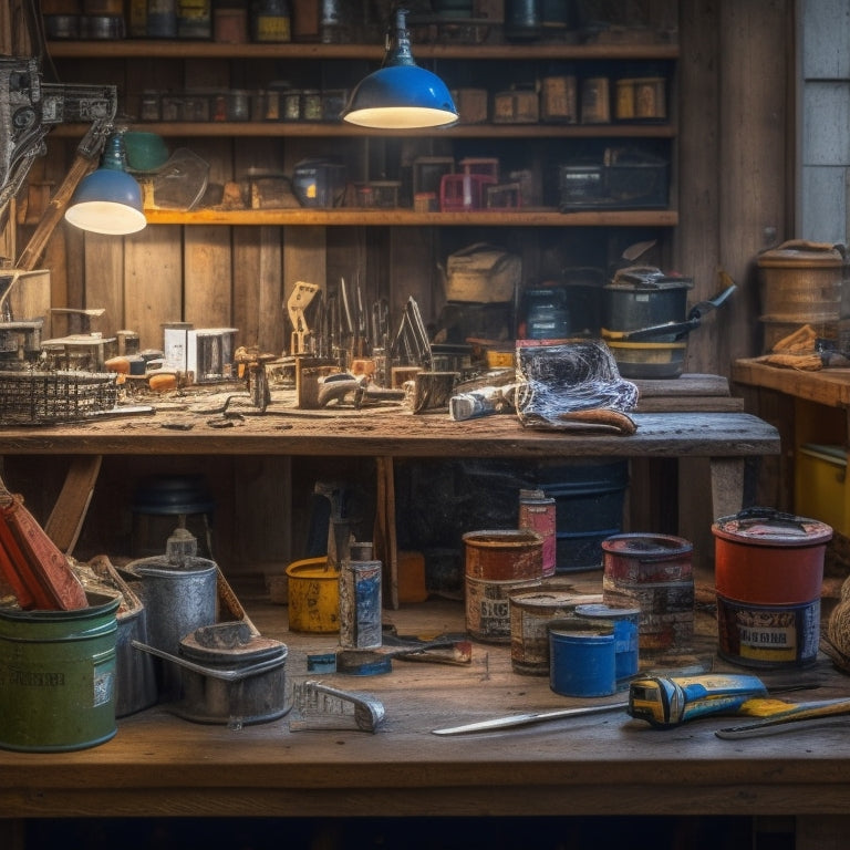 A cluttered workbench with a mix of high-end and budget-friendly tools, including a cordless drill, adjustable wrench, and pliers, surrounded by renovation materials like wooden planks and paint cans.