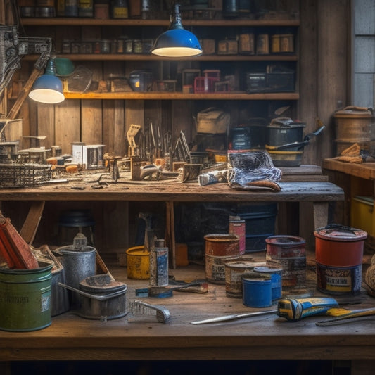 A cluttered workbench with a mix of high-end and budget-friendly tools, including a cordless drill, adjustable wrench, and pliers, surrounded by renovation materials like wooden planks and paint cans.