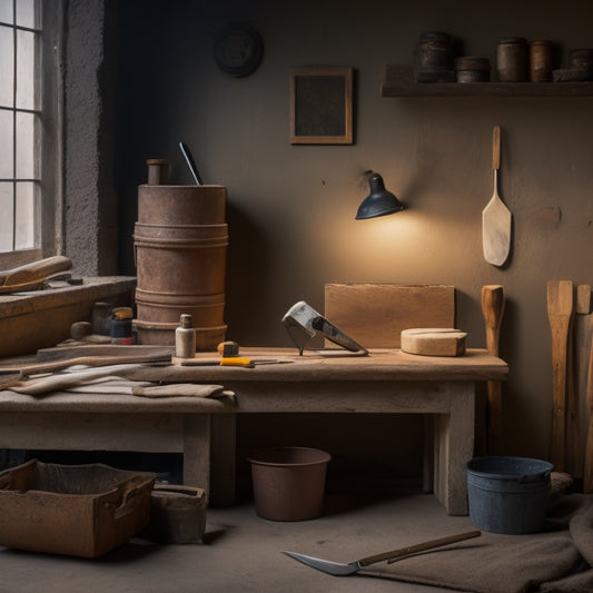 A well-lit workshop with various plaster wall renovation tools laid out on a wooden workbench, including a hawk, trowel, joint knife, sanding block, and putty knife, with a partially renovated plaster wall in the background.