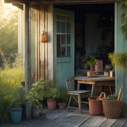 A serene outdoor scene featuring a porch with peeling paint, worn wooden planks, and overgrown greenery, surrounded by scattered renovation tools and materials, with a subtle hint of sunrise in the background.