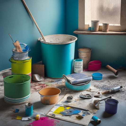 A messy room with renovation tools and materials scattered around, with a mixing bucket and trowel in the center, surrounded by color swatches and paint cans, with a subtle background of a half-painted wall.