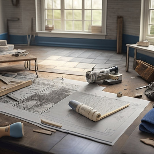 An illustration of a renovation timeline, depicting a calendar with torn-out flooring pages replaced by new ones, with tools and materials scattered around, and a faint blueprint of a house in the background.