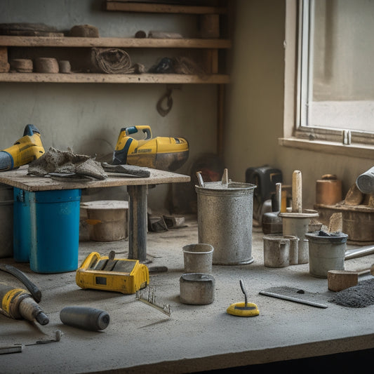 A cluttered workshop table with various concrete renovation tools scattered across it, including a cordless drill, level, trowel, edger, and mixing bucket, with a blurred background of a construction site.