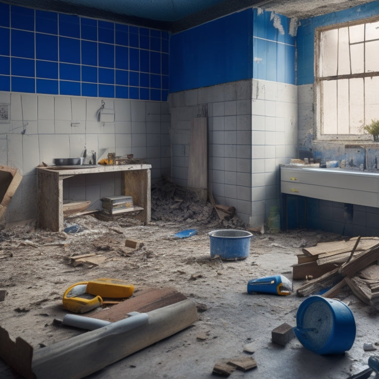 A chaotic construction site with scattered blueprints, broken tiles, and power tools surrounded by a torn apart kitchen and bathroom, with a crumbling wall in the background.