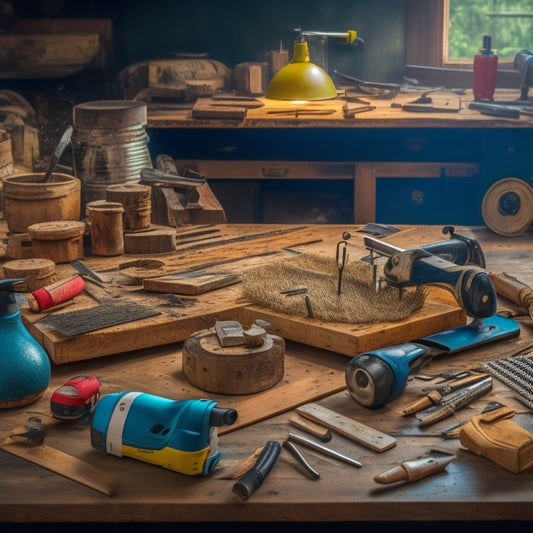 A cluttered workshop table with various renovation tools, including a circular saw, impact driver, and utility knife, surrounded by wooden planks, metal pipes, and scattered screws.