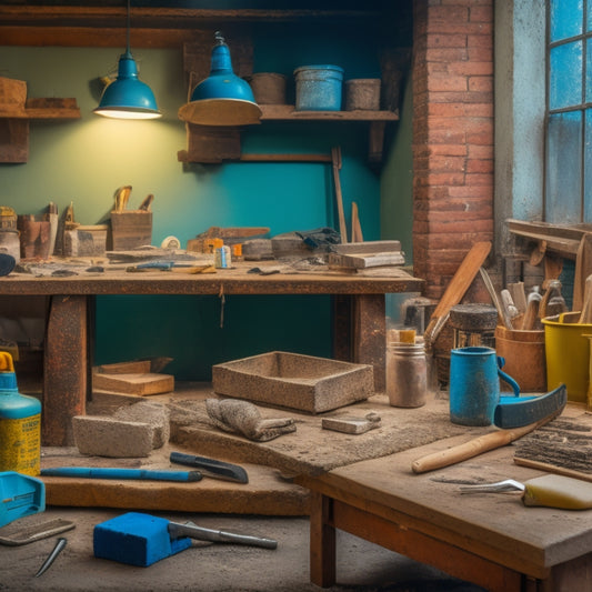 A cluttered workbench with various pointing tools, including trowels, pointing guns, and grout floats, surrounded by renovation materials like bricks, mortar, and sand, with a blurred background of a construction site.