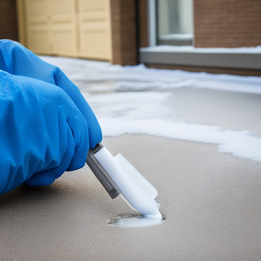 A close-up of a gloved hand holding a caulk gun, with a tube of sealant and a putty knife beside it, on a frosty concrete driveway with cracks and icy puddles.