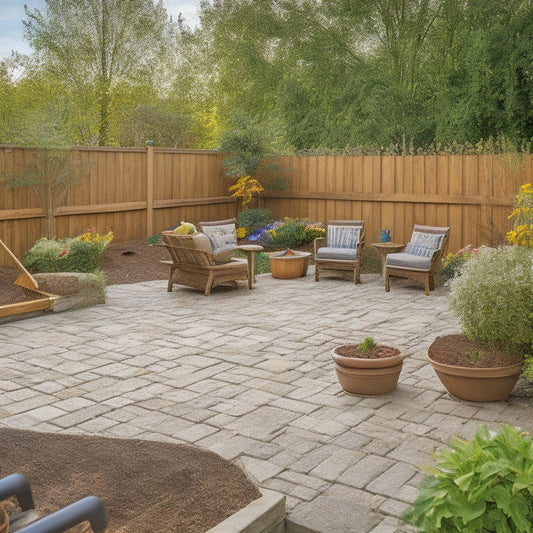 A serene backyard scene featuring a partially renovated DIY block patio with scattered tools, including a level, trowel, and wheelbarrow, amidst neatly stacked pavers and sand.