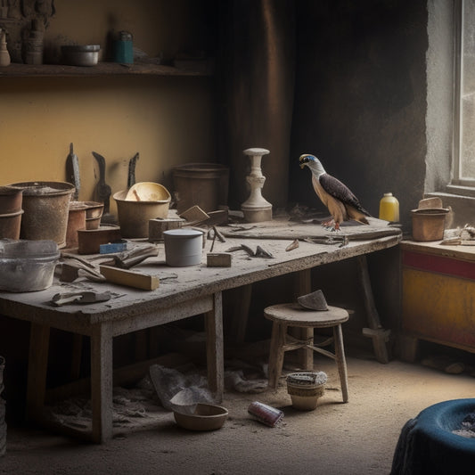 A cluttered, well-lit workshop table with various decorative plaster wall renovation tools, including a hawk, trowel, joint knife, and mixing bucket, surrounded by scattered plaster dust and debris.