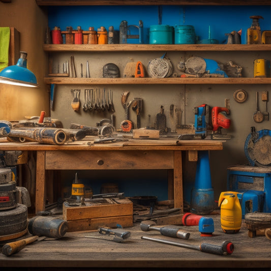 A cluttered workshop backdrop with a mix of new and used DIY renovation tools, including a cordless drill, socket set, level, and circular saw, arranged artfully on a wooden workbench.