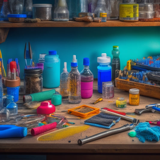 A cluttered workbench with various sealant application tools, including caulk guns, silicone guns, and manual applicator guns, surrounded by opened tubes of different colored sealants and scattered droplets.