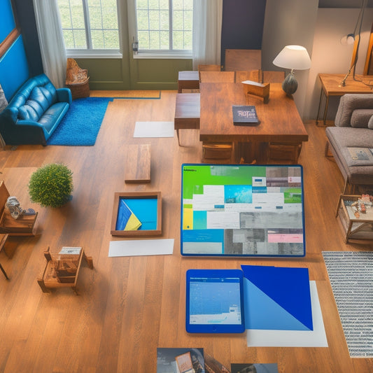 A clutter-free, well-lit room with a renovated sealed floor, surrounded by renovation planning tools like a large calendar, color-coded sticky notes, and a tablet with a floor plan design app open.