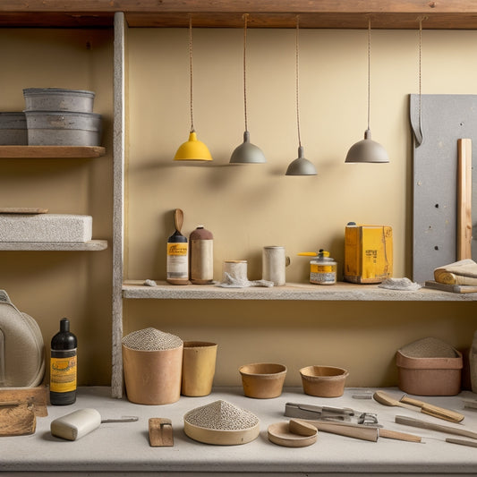A clutter-free workshop with a stucco-covered wall segment, surrounded by essential tools: a mixer, trowels, floats, sandpaper, and a level, arranged in a neat and organized manner.