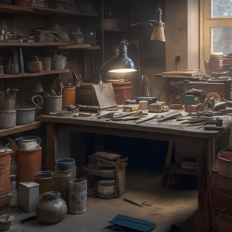 A cluttered workshop with scattered tools, materials, and half-finished renovation projects, contrasted with a tidy corner featuring a clipboard with a checklist and a few essential tools neatly organized nearby.