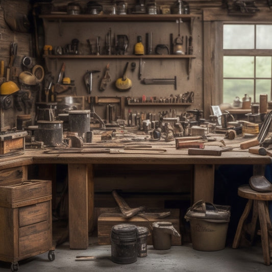 A cluttered workbench with a variety of tools scattered across it, including a cordless drill, level, tape measure, pliers, wrench, and a hammer, surrounded by renovation materials like lumber and drywall.