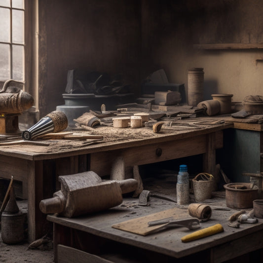 A worn, wooden workbench cluttered with various plastering hawks in different sizes, surrounded by scattered plaster dust, tools, and renovation materials, with a blurred, rustic background.
