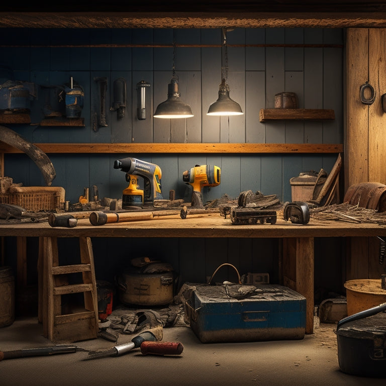 A well-lit workshop background with a variety of wall drilling tools, including cordless drills, hammer drills, and drill bits, arranged on a wooden workbench amidst scattered drywall and renovation debris.