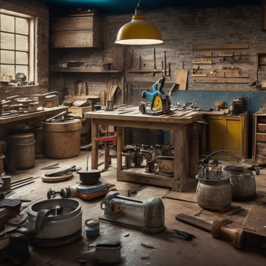 A cluttered workshop with a variety of tools scattered on a workbench, including a circular saw, drill press, tile nippers, and a level, surrounded by flooring samples and renovation materials.