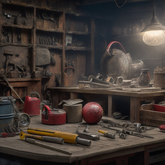 A cluttered workshop background with a variety of tools scattered about, a hammer with a red "X" marked through it, a drill with a question mark above, and a tape measure coiled around a rusty pipe.