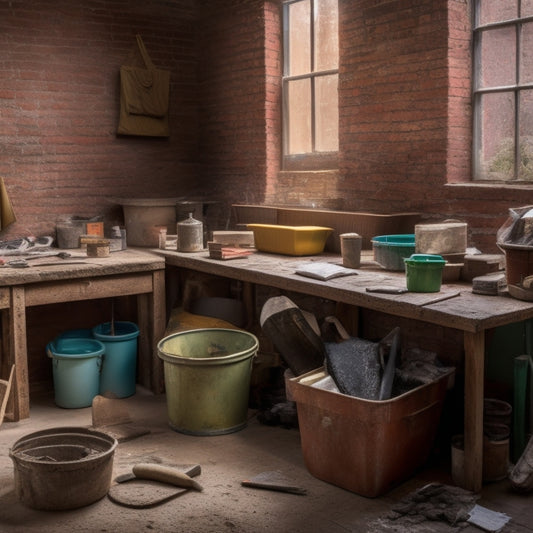 A cluttered workbench with various plastering tools and materials, including a mixing bucket, trowels, joint tape, sandpaper, and bags of plaster, against a backdrop of a partially renovated room with exposed brick walls.
