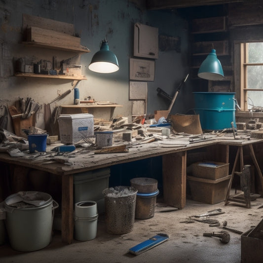 A cluttered workshop scene with a variety of tools, including a utility knife, plasterboard saw, drill, joint tape, and bucket of joint compound, surrounded by scraps of plasterboard and scattered drywall screws.