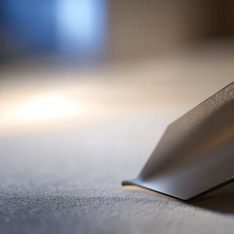 A close-up of a trowel's angled, polished steel blade, reflecting light, with a few subtle scratches, alongside a blurred background of rough, unfinished drywall and scattered drywall screws.