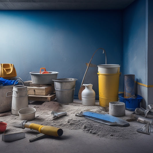 A cluttered home renovation workspace with various premixed concrete tools scattered about, including a mixing bucket, trowel, level, wheelbarrow, and safety gear, amidst a backdrop of torn wallpaper and exposed drywall.
