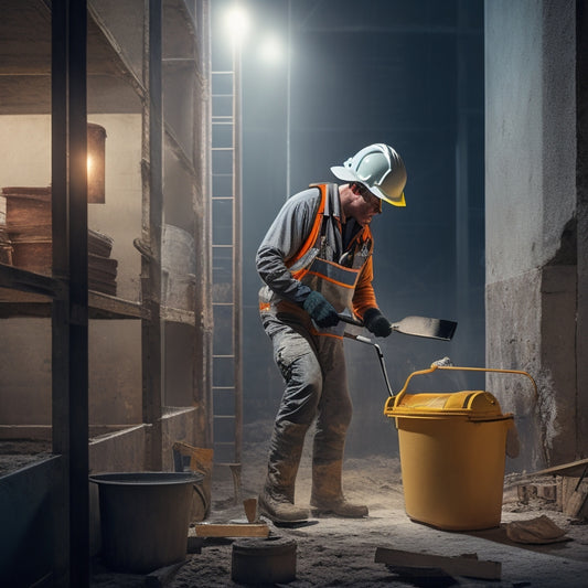 A well-lit construction site with a worker in a hard hat, safety goggles, and dust mask, holding a putty knife and standing next to a bucket of plaster, with a ladder and scaffolding in the background.