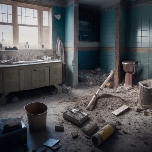 A messy, half-demolished bathroom with broken tiles, a ripped-out vanity, and a sledgehammer lying on the floor, surrounded by dust and debris, with a grinder sitting prominently in the foreground.