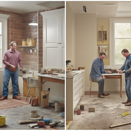 A split-screen image: a cluttered, half-renovated room with broken tiles and scattered tools on one side, and a tidy, completed renovation with a contractor shaking hands with a satisfied homeowner on the other.