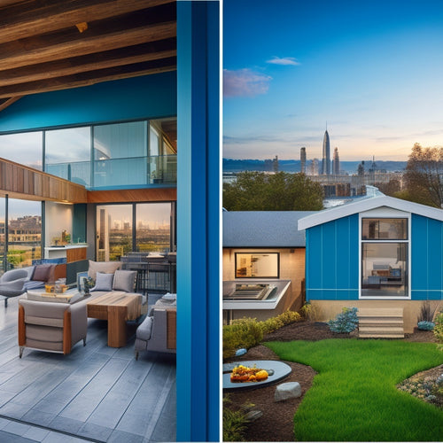 A split-screen image featuring a renovated modern home with a hammer and blueprints on a wooden table in the foreground, alongside a cityscape with three distinct buildings, each with a differently colored roof.