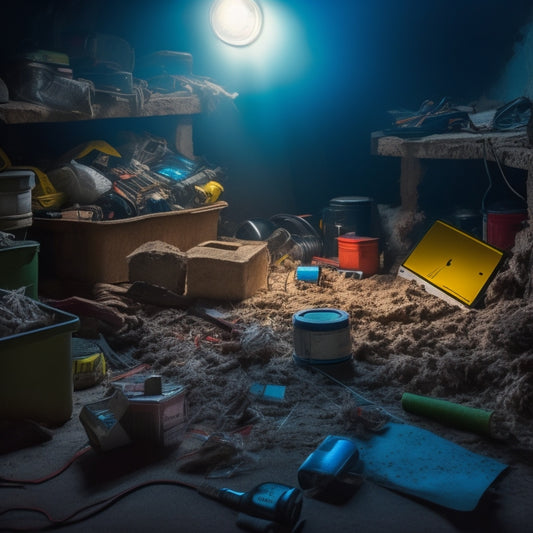 A cluttered, dimly lit crawlspace with a flashlight shining on a cracked foundation wall, surrounded by scattered inspection tools, such as a level, tape measure, and screwdriver, amidst cobwebs and debris.