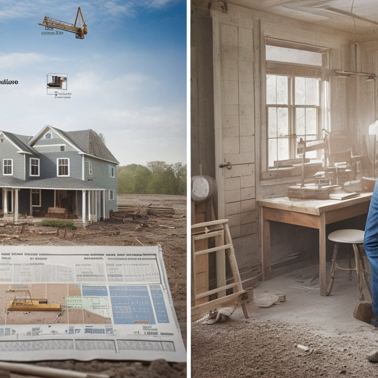 A split-screen image featuring a calendar with marked inspection dates on one side and a partially renovated home with inspectors reviewing blueprints on the other, surrounded by construction tools and debris.