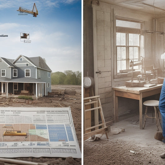 A split-screen image featuring a calendar with marked inspection dates on one side and a partially renovated home with inspectors reviewing blueprints on the other, surrounded by construction tools and debris.