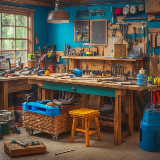 A cluttered but organized workshop with a wooden workbench, surrounded by various tools like a cordless drill, level, tape measure, and a bucket of paint, with a blurred background of a renovating room.