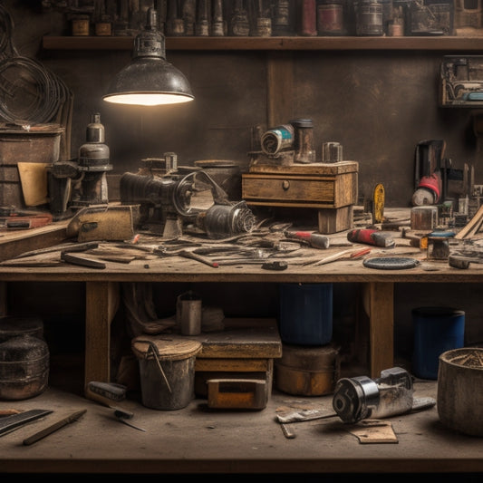 A cluttered workbench with various finishing tools scattered about, including a cordless drill, orbital sander, and paintbrushes, surrounded by half-finished DIY projects and renovation materials.