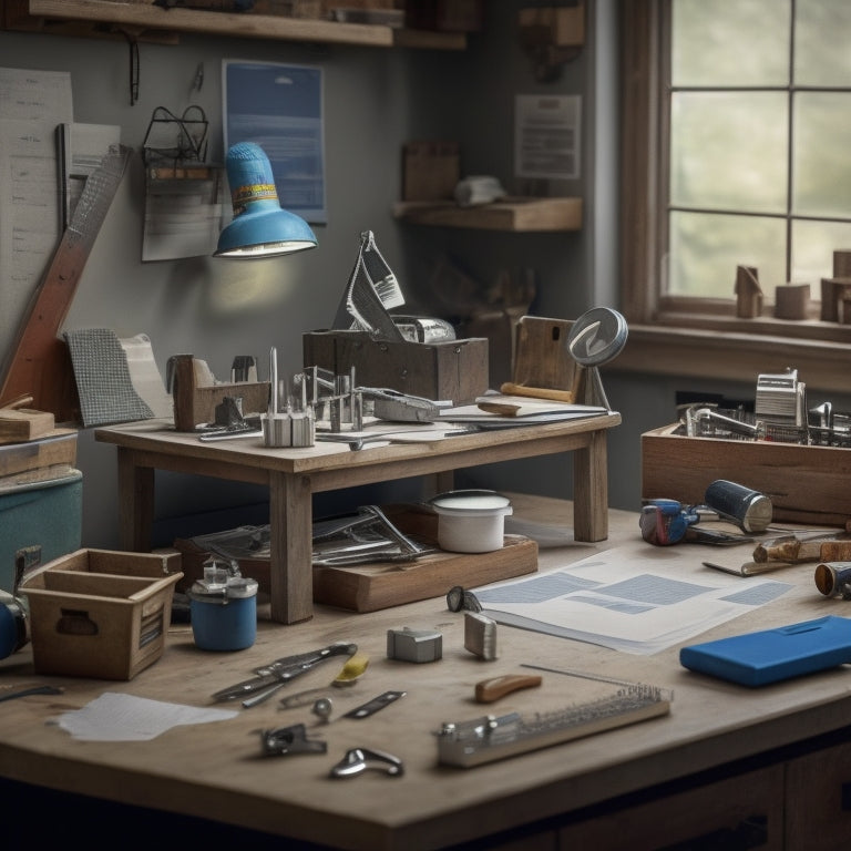 A cluttered but organized workbench with various measuring tools, including a tape measure, level, stud finder, and combination square, surrounded by scattered blueprint papers and a miniature house model.