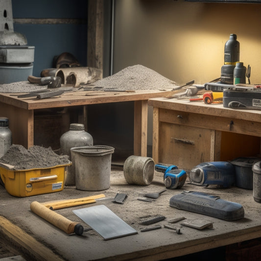 A cluttered workspace with scattered concrete chunks, power tools, and renovation equipment in the background, with a central focus on a neatly organized toolbox filled with specialized concrete renovation tools.