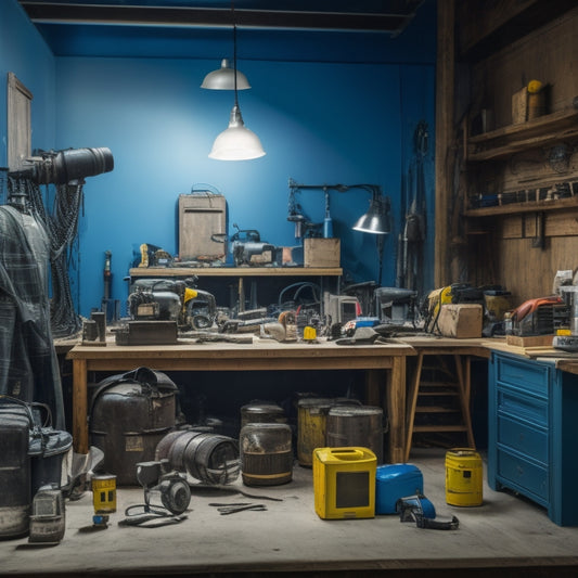 An organized workshop with a central workbench surrounded by renovation protection gear, including a cordless vacuum, drop cloths, respirator masks, and safety goggles, with a subtle construction site background.