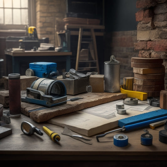 A cluttered workbench with various blockwork measuring tools scattered around, including a tape measure coiled around a brick, a level on a stack of blocks, and a square protractor on a blueprint.