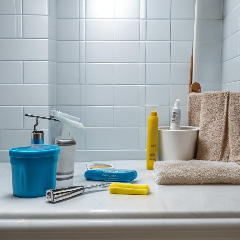 A messy, half-renovated bathroom backdrop with three sealant tools prominently displayed: a caulk gun with a tube of white silicone, a handheld sealant applicator, and a precision sealant brush with bristles splayed.