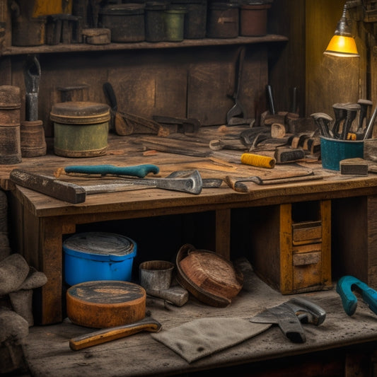 A cluttered but organized workbench with a mix of worn and new hand tools, including a tape measure coiled around a rusty hammer, a level propped against a wooden mallet, and a pouch of screwdrivers spilling out beside a well-worn toolbox.