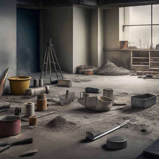 A messy renovation site with various concrete finishing tools scattered around, including a trowel, edger, float, and level, amidst a backdrop of half-finished concrete floors and walls.