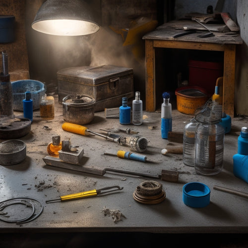 A cluttered workshop table with various epoxy injection tools scattered around, including a drill, cartridges, nozzles, and a mixing stick, with a faint background of a cracked concrete wall.