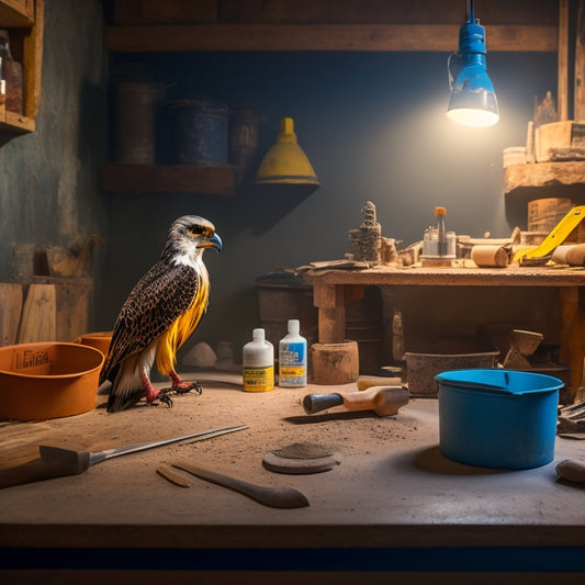 A well-lit workshop with various plastering tools on a wooden workbench, including a hawk, trowel, joint knife, and sanding block, with a bucket of plaster and a mixing stick in the background.
