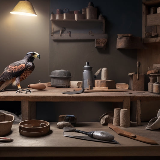 A well-lit workshop with various plastering tools laid out on a workbench, including a hawk, trowel, joint knife, and sanding block, with a partially finished plaster wall in the background.