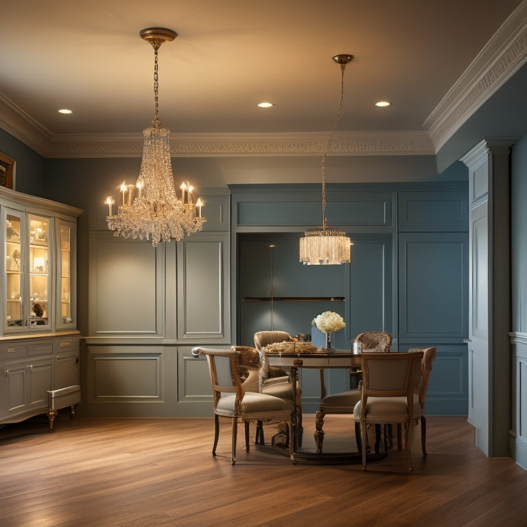An empty, renovated room with various lighting fixtures installed, including a stylish chandelier, recessed ceiling lights, floor lamps, and under-cabinet lighting, showcasing different lighting solutions.