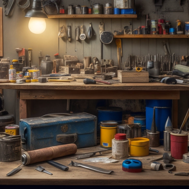 A cluttered workbench with various DIY tools and materials, including a hammer, level, tape measure, and power drill, surrounded by wooden planks, paint cans, and scattered screws.