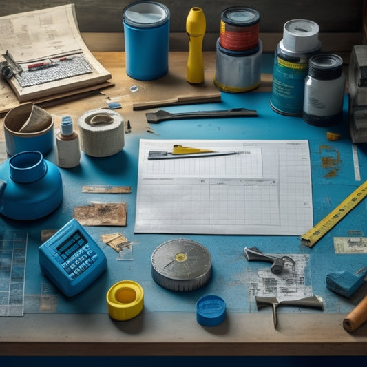 A cluttered workshop table with various wall design renovation tools, such as a spirit level, tape measure, and hammer, surrounded by scattered blueprints, paint swatches, and a calculator.